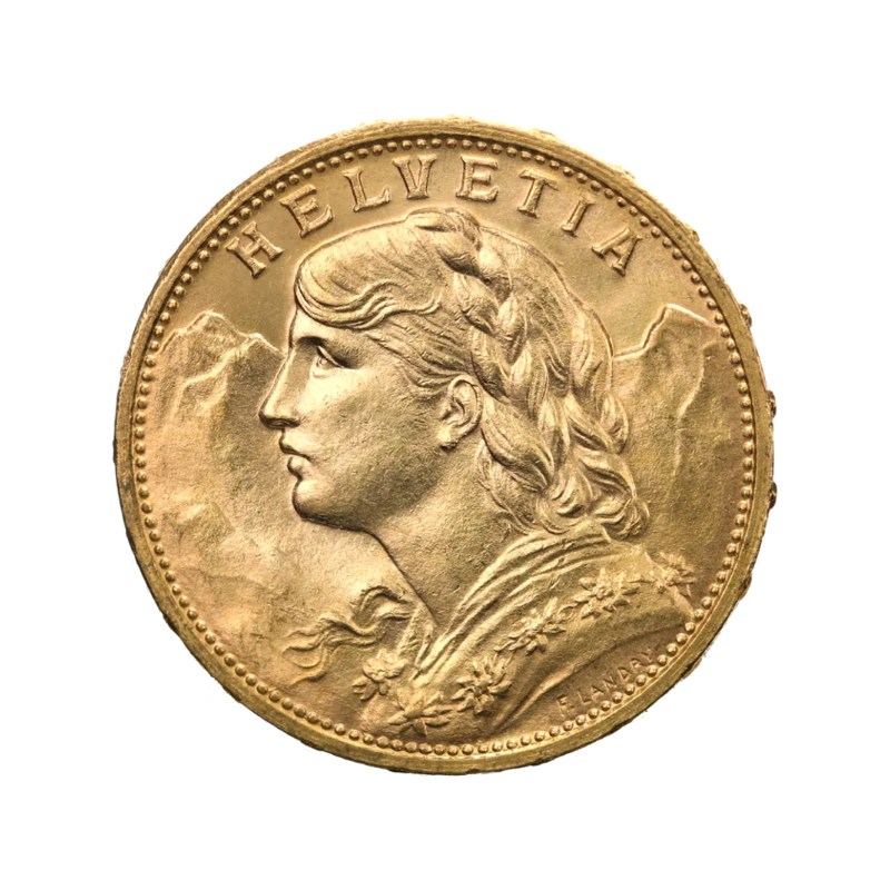 20 Švajčiarskych Frankov Helvetia Vreneli 1897-1949