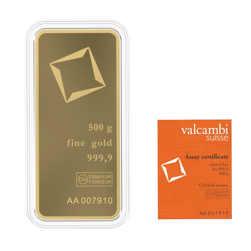 500g Valcambi Švajčiarsko Investičná zlatá tehlička (razená)