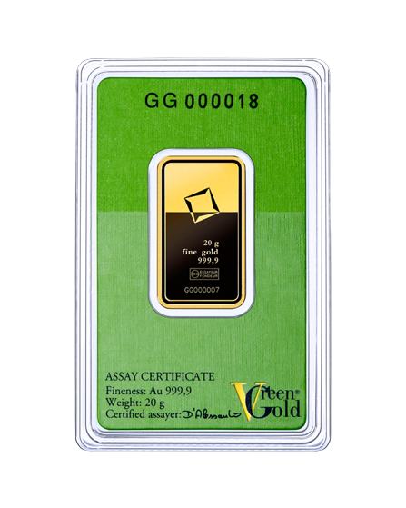 Valcambi 20g investičná zlatá tehlička Green Gold - certifikát