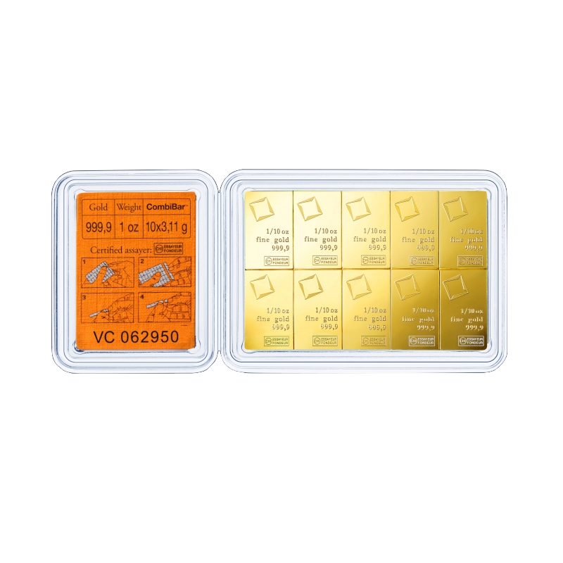 10 x 1/10 Oz Valcambi Švajčiarsko investičné zlaté tehličky (CombiBar) (Úschova)