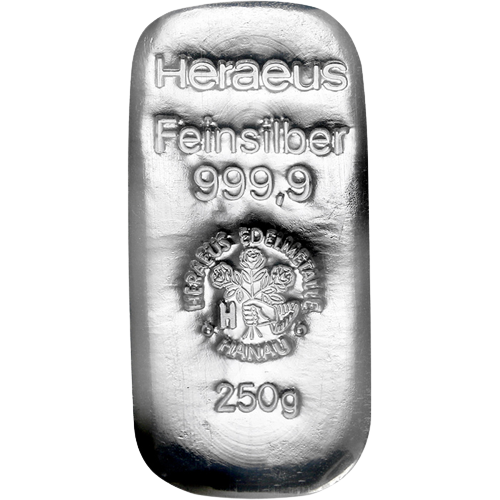 250g Heraeus Nemecko investičná strieborná tehlička (Úschova)