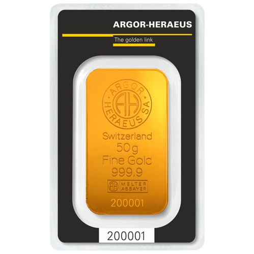 50g Argor Heraeus SA Švajčiarsko Kinebar Investičná zlatá tehlička