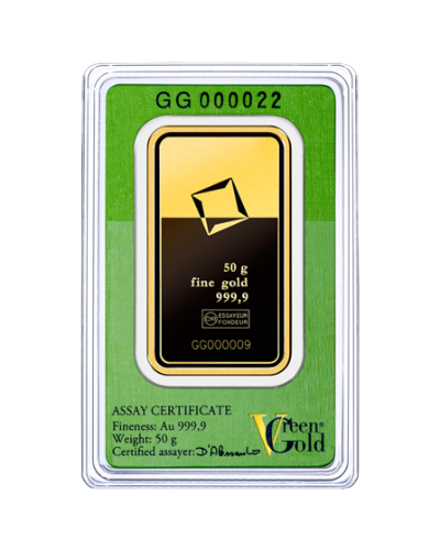Valcambi 50g investičná zlatá tehlička Green Gold - certifikát