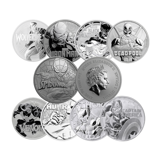 Sada strieborných mincí 9 × 1 oz Marvel Series (2017–2021) Tuvalu