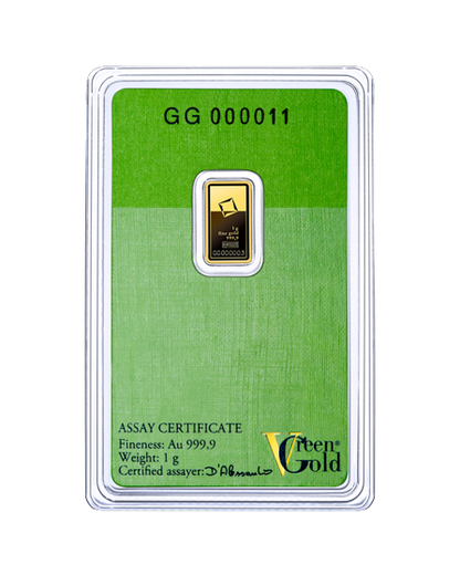 Valcambi 1g investičná zlatá tehlička Green Gold - certifikát