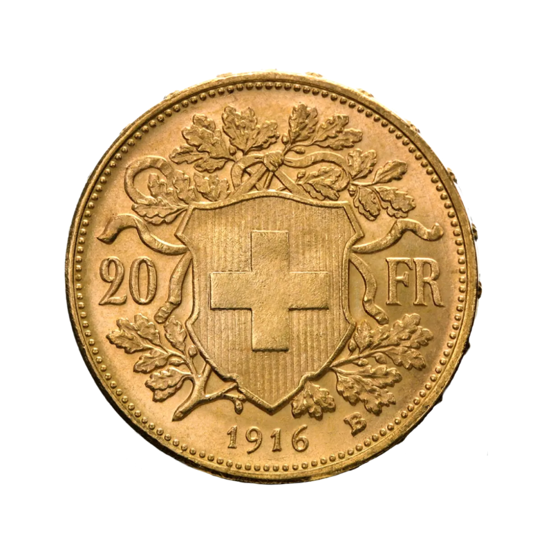 Zlatá minca 20 Švajčiarskych Frankov Helvetia Vreneli - rub