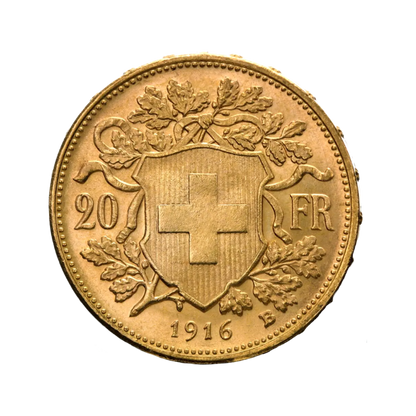 Zlatá minca 20 Švajčiarskych Frankov Helvetia Vreneli - rub