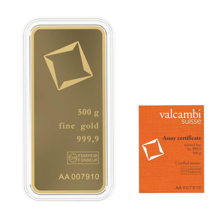 500g Valcambi Švajčiarsko Investičná zlatá tehlička (razená)