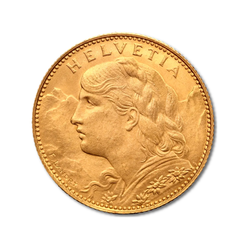 Zlatá minca 10 Švajčiarskych Frankov Helvetia Vreneli - líce