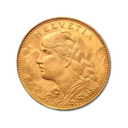 Zlatá minca 10 Švajčiarskych Frankov Helvetia Vreneli - líce