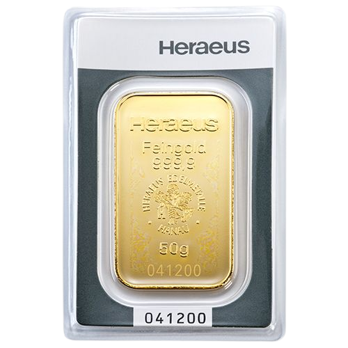 Investičná zlatá tehlička Heraeus 50g - líce, Nemecko