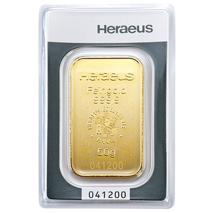 Investičná zlatá tehlička Heraeus 50g - líce, Nemecko
