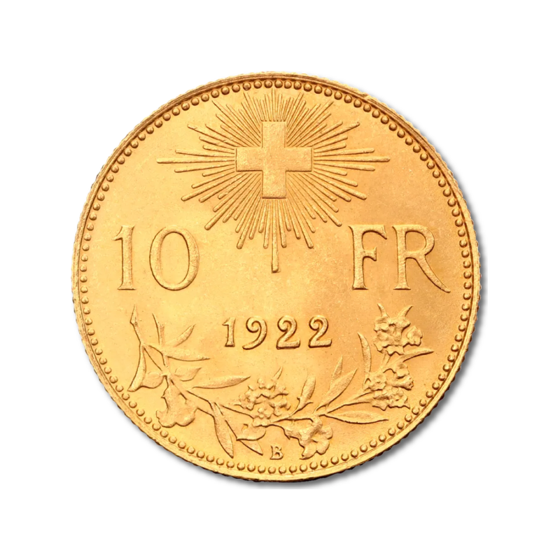 Zlatá minca 10 Švajčiarskych Frankov Helvetia Vreneli - rub