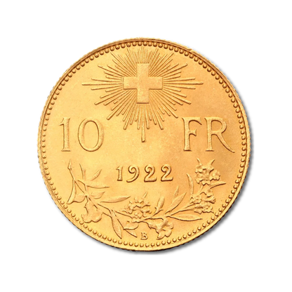 Zlatá minca 10 Švajčiarskych Frankov Helvetia Vreneli - rub