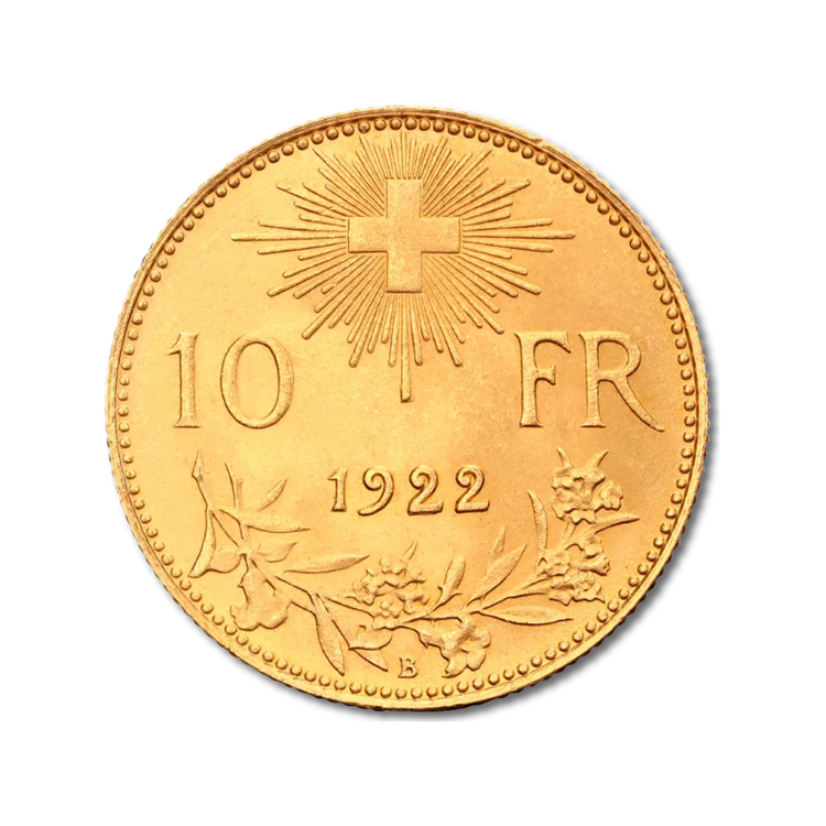 Zlatá minca 10 Švajčiarskych Frankov Helvetia Vreneli - rub