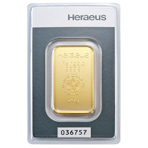 Investičná zlatá tehlička Heraeus 20g - líce, Nemecko