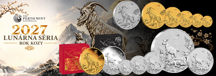 Zlatá a strieborná minca Rok kozy 2027 od The Perth Mint na tmavom pozadí