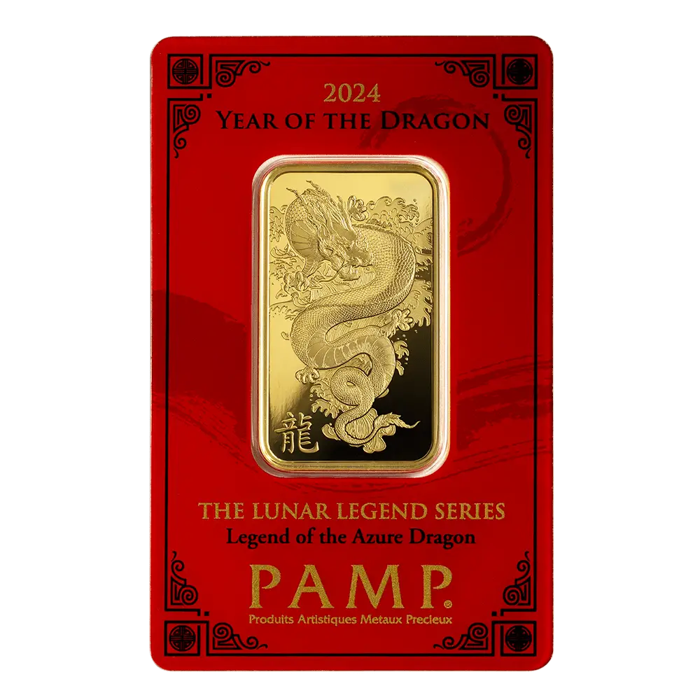 1 Unca (31,1 g) PAMP Lunárna Séria Rok Draka 2024 zlatá tehlička