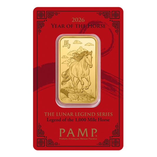 1 Unca (31,1 g) PAMP Lunárna Séria Rok Koňa 2026 zlatá tehlička