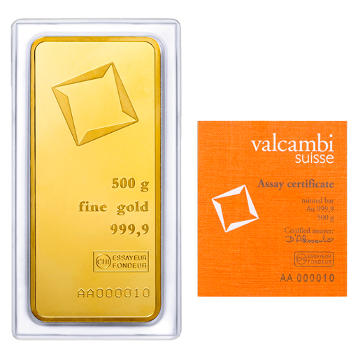 500g Valcambi Švajčiarsko Investičná zlatá tehlička (razená)
