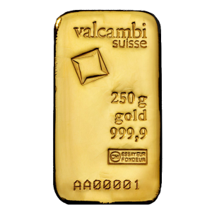250g Valcambi Švajčiarsko Investičná zlatá tehlička (liata)