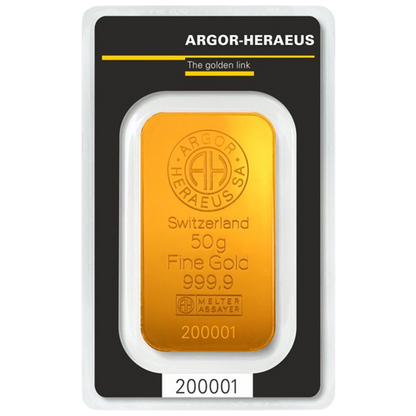50g Argor Heraeus SA Švajčiarsko Kinebar Investičná zlatá tehlička