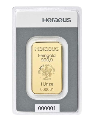 Investičná zlatá tehlička Heraeus Kinebar 1 Unca (31,1g)